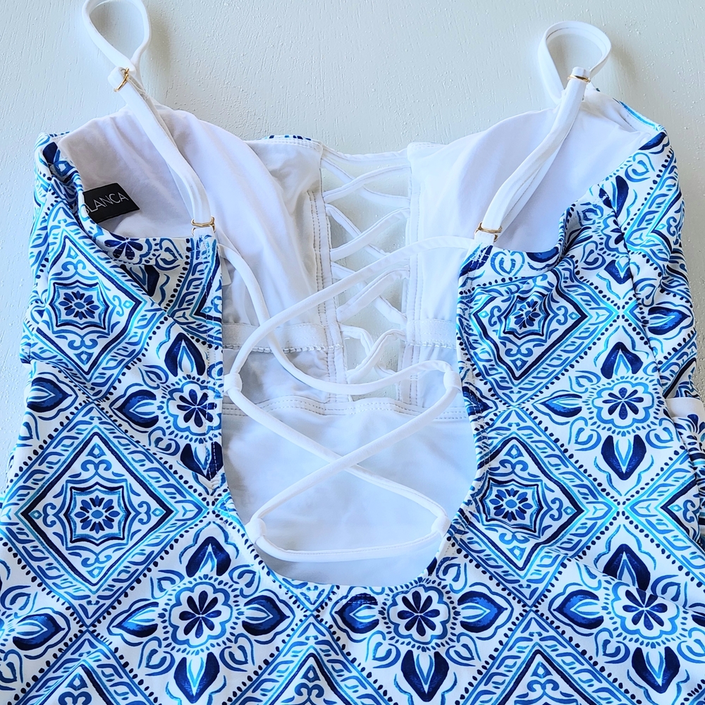 La Blanca Blue & White Tile-Print One-Piece Swim Suit with Lace-Up Front - Picture 8 of 9